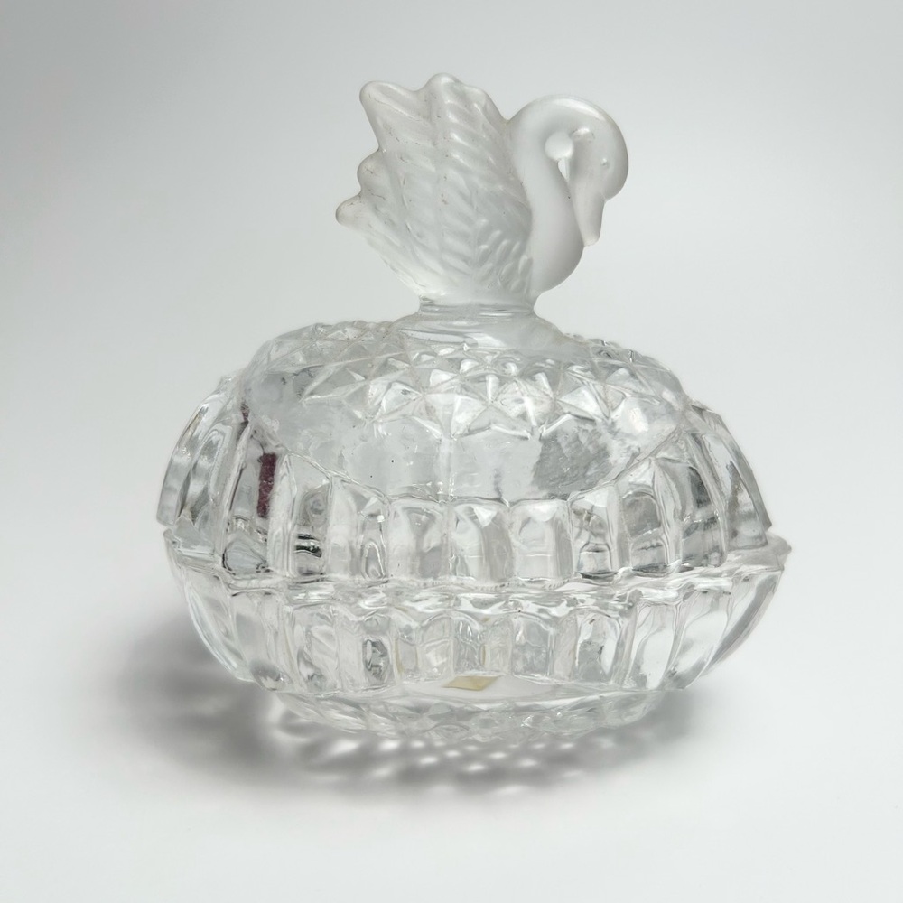 Vintage Clear Cut Glass Swan Trinket Box